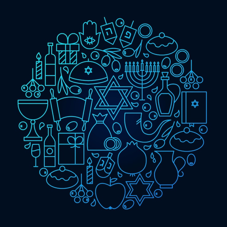 Vetor conceito de círculo de ícone de linha de hanukkah. ilustração em vetor de objetos do feriado de inverno judaico.