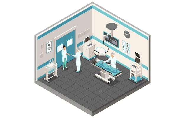 Vetor conceito de cirurgia plástica cuidados de saúde e sala de operação de medicina com cirurgião enfermeiro e anesteziologista processo de operação de paciente de emergência na clínica ilustração vetorial de desenhos animados 3d isométricos