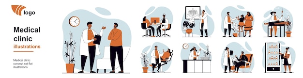 Conceito de clínica médica com pessoas cenas mega definido em design web plano Bundle de situação de personagem com pacientes visitar médicos para consultas diagnósticos e tratamento ilustrações vetoriais