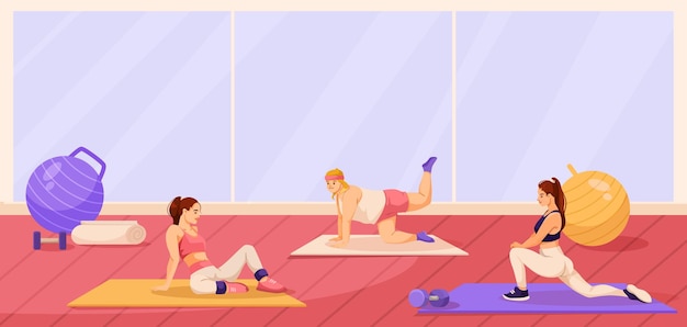 Vetor conceito de clube de pilates com espaço de ginásio mulheres esticando o corpo estilo de vida de bem-estar atividade de treino interior menina fazendo exercício em tapete de fitness mulher atlética banner esportivo ilustração vetorial