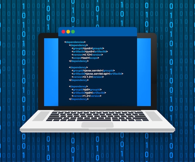 Vetor conceito de codificação de laptop. desenvolvedor web,, programação. código da tela do laptop. ilustração.