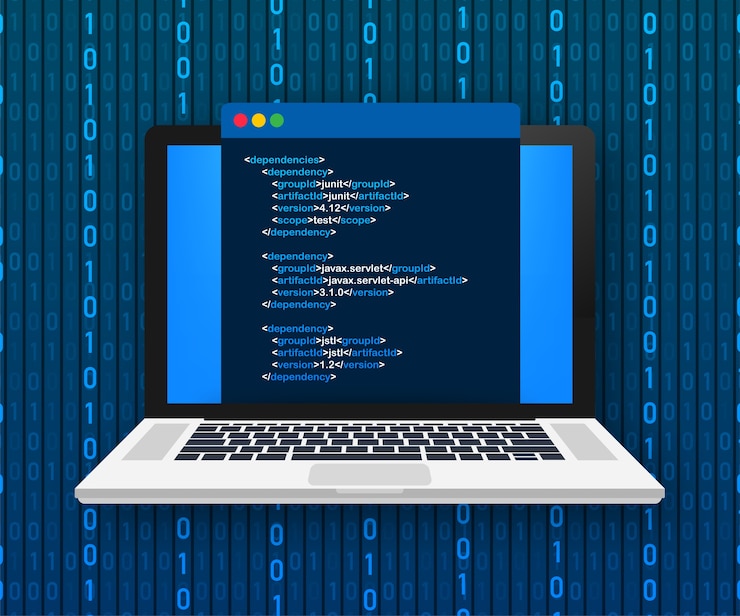 Vetor conceito de codificação de laptop. desenvolvedor web,, programação. código da tela do laptop. ilustração.