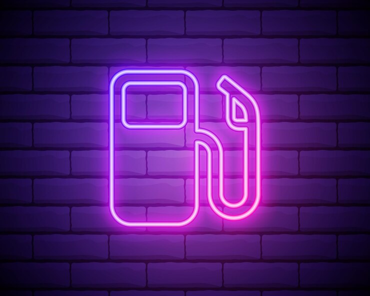 Conceito de combustível bio neon brilhante com bico de abastecimento e ícone de folha isolado no fundo da parede de tijolo Posto de gasolina com folhas Eco reabastecimento ilustração vetorial