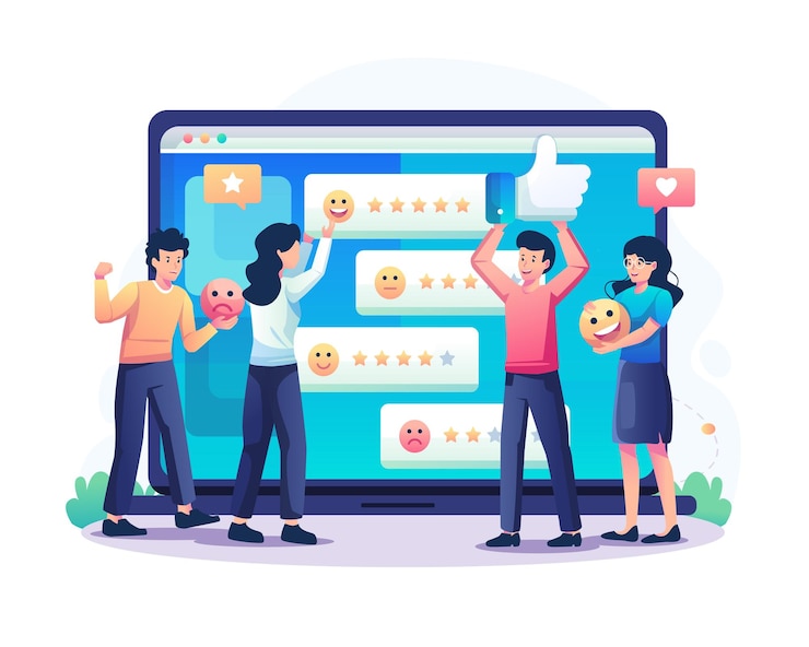 Vetor conceito de comentários de clientes com pessoas dando revisão de classificações de estrelas e ilustração de feedback