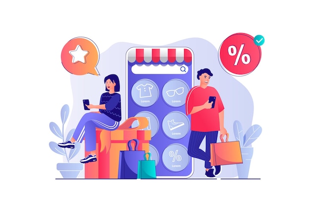 Conceito de comércio móvel com cena de pessoas Mulher e homem byers fazendo compras pedindo na loja do site online pagando no aplicativo Ilustração vetorial com personagens em design plano para web