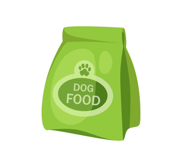 Vetor conceito de comida de cachorro para animais de estimação, esta ilustração apresenta um design de vetor plano de um pacote verde de comida de cachorro