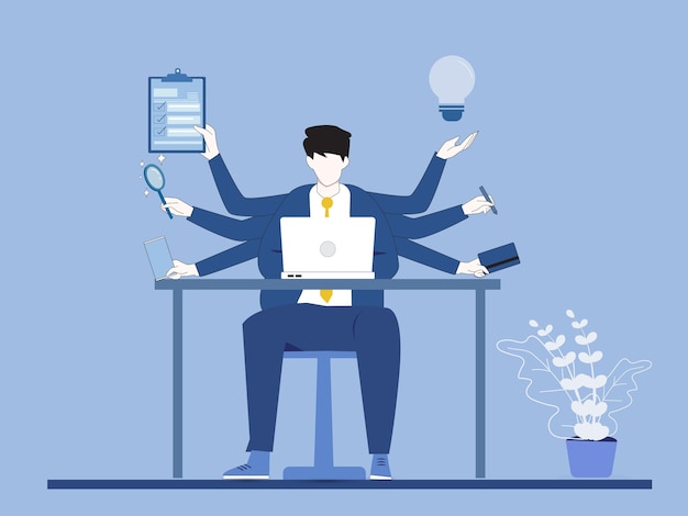 Conceito de competência profissional de sobrecarga de eficiência de negócios multitarefa Jovem empresário sobrecarregado eficaz menino funcionário profissional gerente competente líder com muitas mãos multitarefa