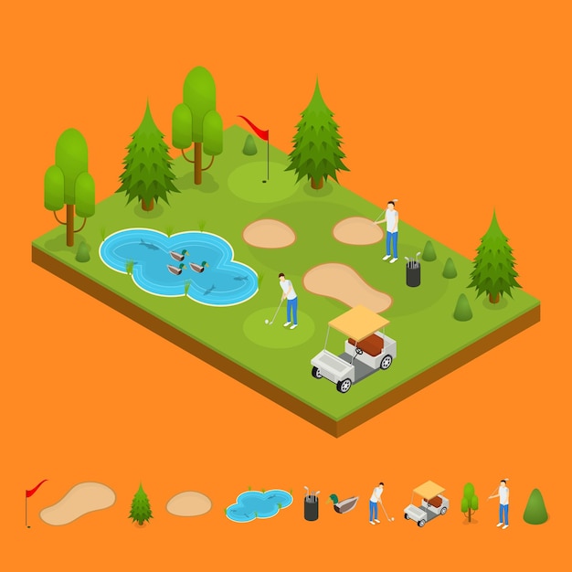 Conceito de composição de golfe e elementos parte 3d vista isométrica vetor