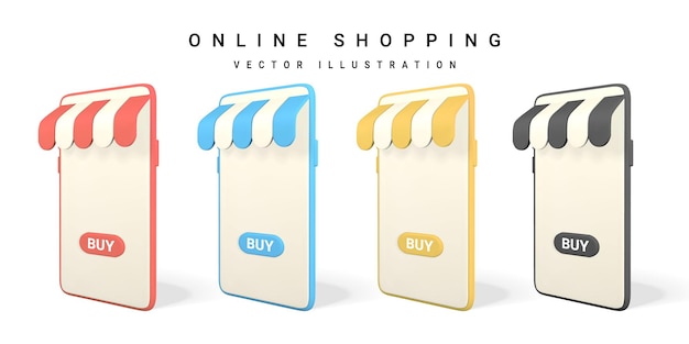 Conceito de compra online. Celular 3D realista. Loja online. Ilustração vetorial