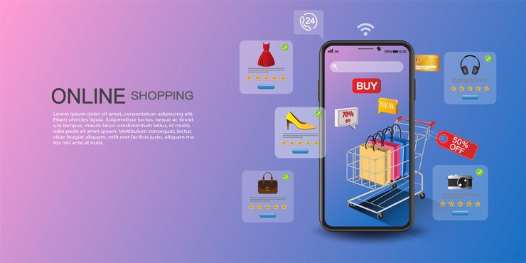 Vetor conceito de compra online, marketing digital no site e aplicativo móvel.