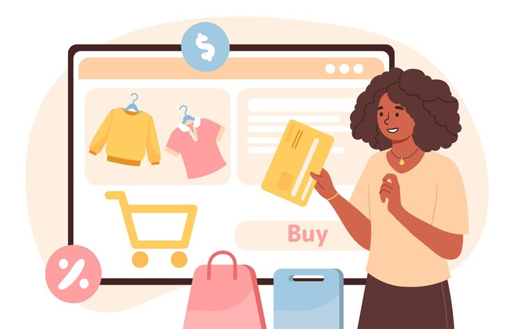 Vetor conceito de compra por cartão compras on-line comércio electrónico e marketing mulher com cartão bancário e