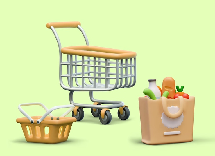 Vetor conceito de compras cesto de compras vazio saco de papel com comida