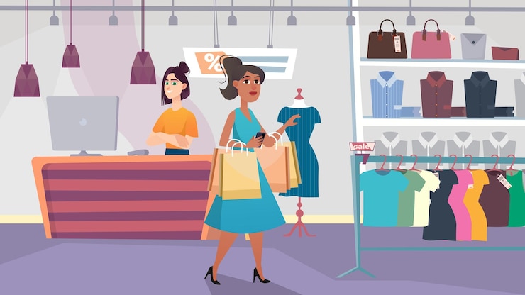 Vetor conceito de compras com cena de pessoas no estilo cartoon de fundo