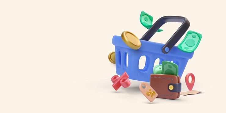 Vetor conceito de compras em estilo realista com carteira de cesta dólares desconto moedas mapa