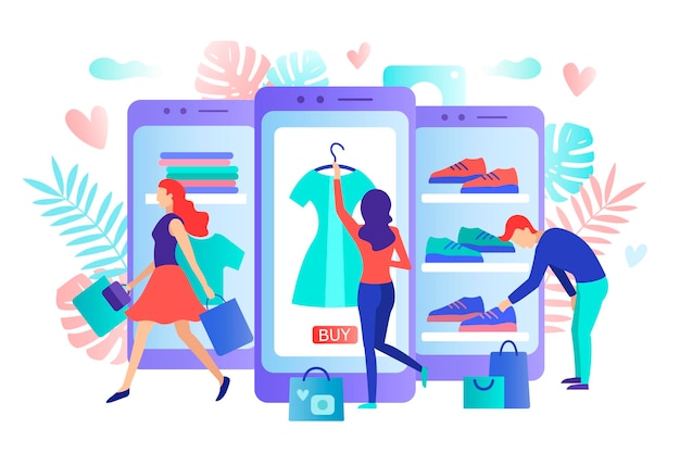 Conceito de compras móveis um homem e uma mulher compram coisas na loja online compras em redes sociais através do estilo de design plano de telefone ilustração vetorial de compras online