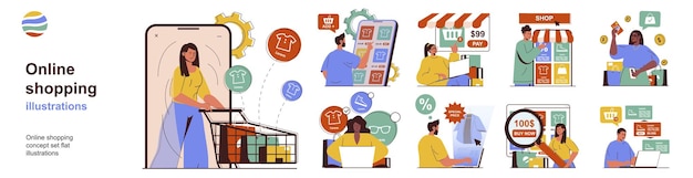 Conceito de compras on-line com coleção de situações de personagem Pacote de cenas que as pessoas escolhem mercadorias da variedade de pedidos de loja e pagam usando aplicativos móveis Ilustrações vetoriais em web design plano