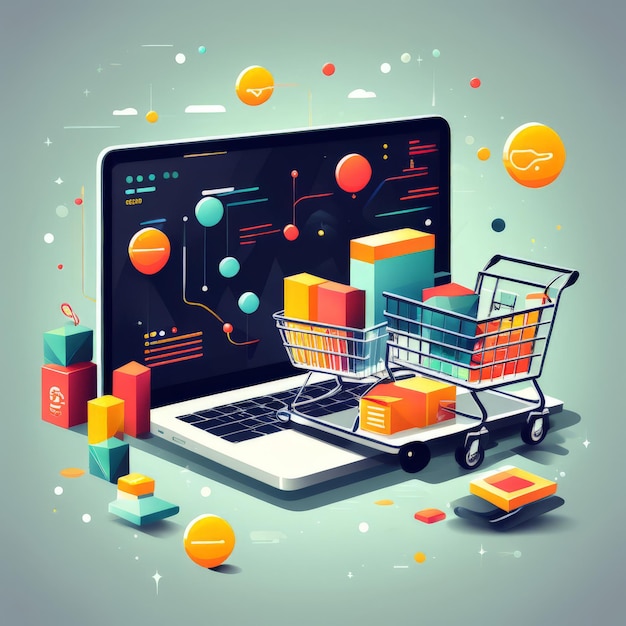Vetor conceito de compras on-line com laptop e carrinho de compras com ícones conceito de compras online com l