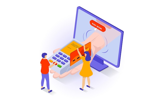 Conceito de compras on-line em design isométrico 3d pessoas fazendo compras na loja página web encomendando entrega e pagando no terminal pos por cartão ilustração vetorial com cena de isometria para gráfico web