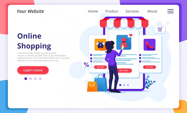 Conceito de compras on-line, uma mulher escolhe e compra produtos na loja de aplicativos móveis on-line.