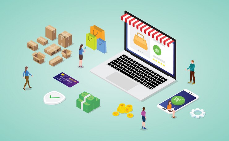 Vetor conceito de compras online com a loja do site laptop com moderno estilo isométrico