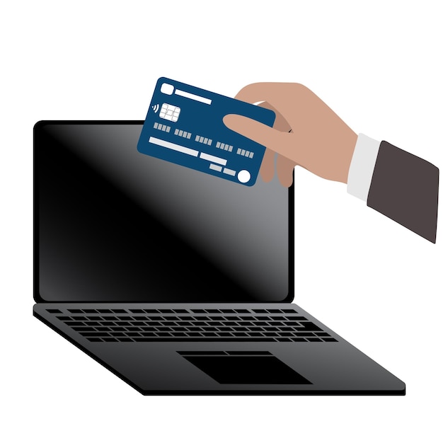 Conceito de compras online com laptop aberto e mão com cartão bancário Pagamento com cartão