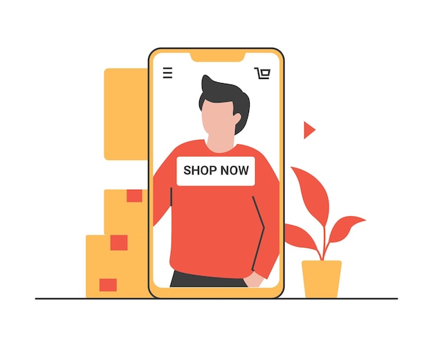 Conceito de compras online Ilustração vetorial em um estilo plano Um homem com um smartphone
