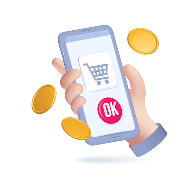 Conceito de compras online para modelo de banner cartoon d mão segurando smartphone com app de compras mone