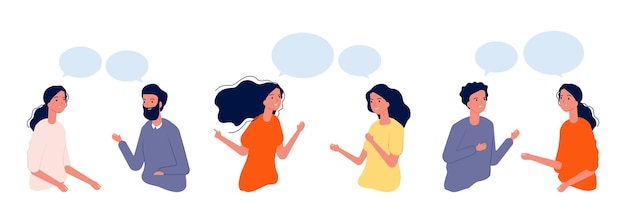 Conceito de comunicação. pessoas planas conversando, ilustração do diálogo. os meninos e as meninas se comunicam ativamente, as pessoas conversam. mensagem de comunicação de bate-papo, conversa de diálogo de pessoas