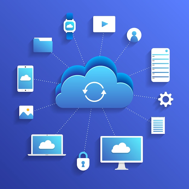 Conceito de configuração de rede de usuários de tecnologia de computação em nuvem isométrica. ilustração.