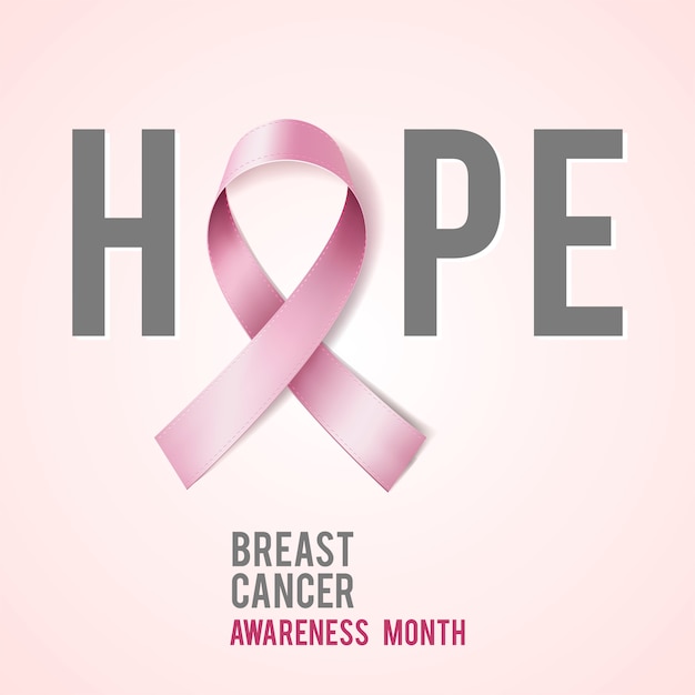 Conceito de conscientização do câncer de mama com texto esperança e fita rosa realista.