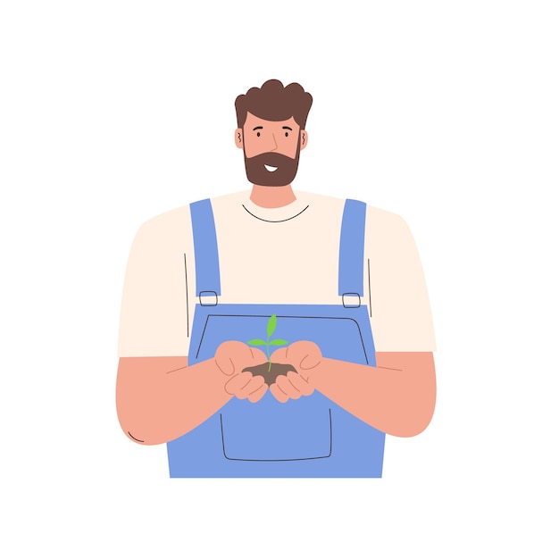 Conceito de conscientização ecológica Plantas com solo nas mãos do agricultor