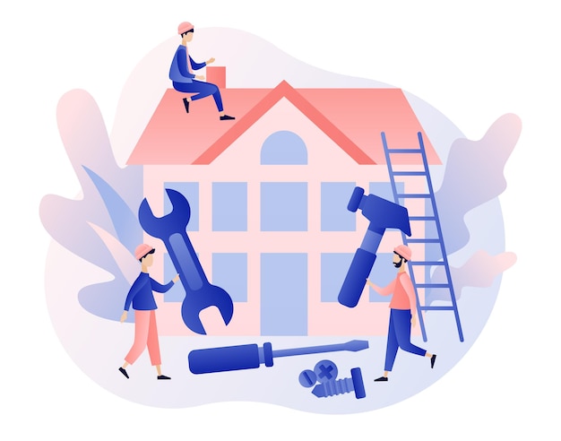 Conceito de construção e reparação doméstica Pequenos construtores e reparadores que trabalham com ferramentas profissionais