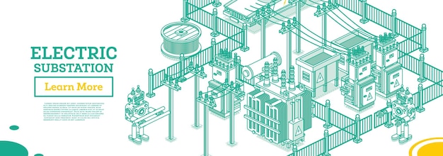 Conceito de contorno de transformador elétrico de subestação de energia isométrica ilustração vetorial cor verde parte da cadeia de distribuição