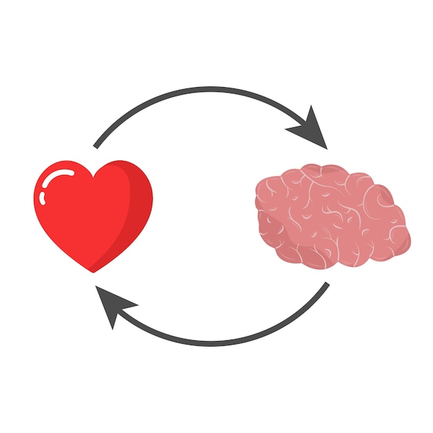 Vetor conceito de coração e cérebro quociente emocional e ícone de inteligência e logotipo emoções e pensamento racional equilíbrio entre alma e intelecto ilustração em vetor