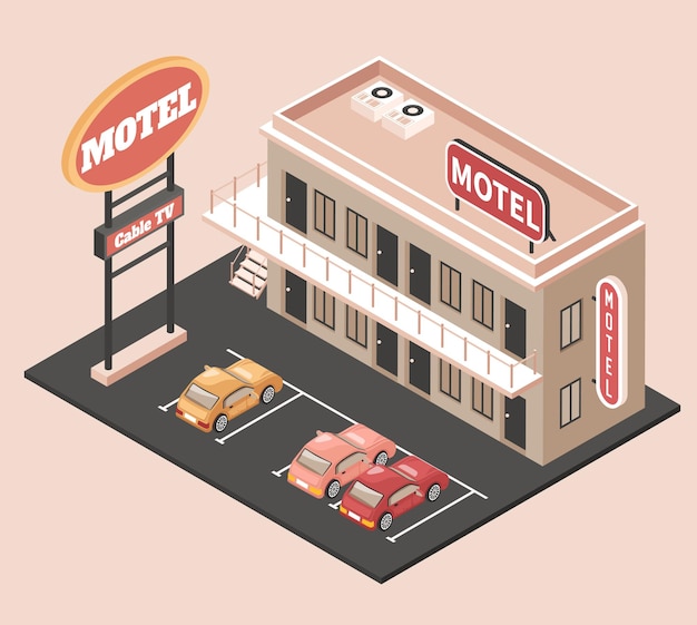 Conceito de cores de motel com outdoor de estacionamento e carros isométricos