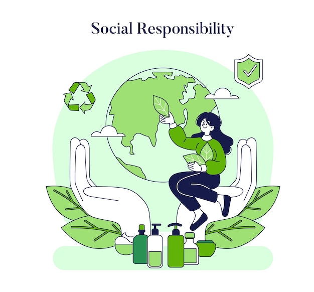 Conceito de cosméticos éticos uma mulher apresenta produtos de beleza ecológicos com um pano de fundo global