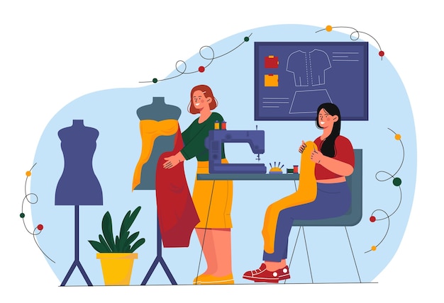 Conceito de costura de roupas duas mulheres com máquina de costura costureira e alfaiate atelier equipe na oficina
