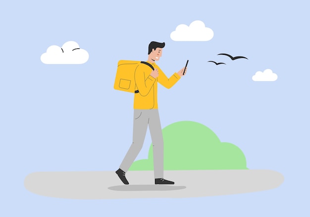 Conceito de Courier Delivery Home and Office Service Courier Personagem Masculino com mochila de entrega e Smartphone entrega comida para o endereço do cliente Desenhos animados contorno linear plana ilustração vetorial