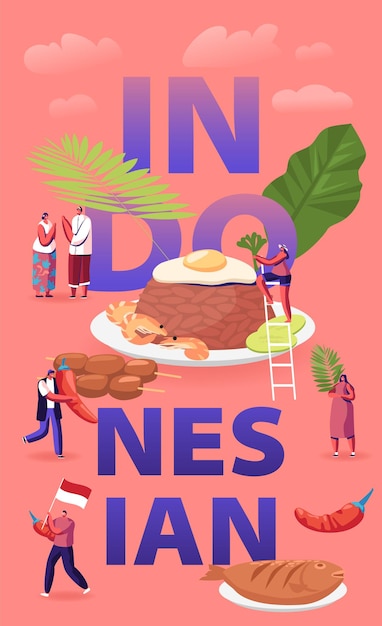 Conceito de cozinha indonésia. minúsculos personagens masculinos e femininos, turistas e moradores nativos, comendo e cozinhando refeições tradicionais da malásia. ilustração plana dos desenhos animados