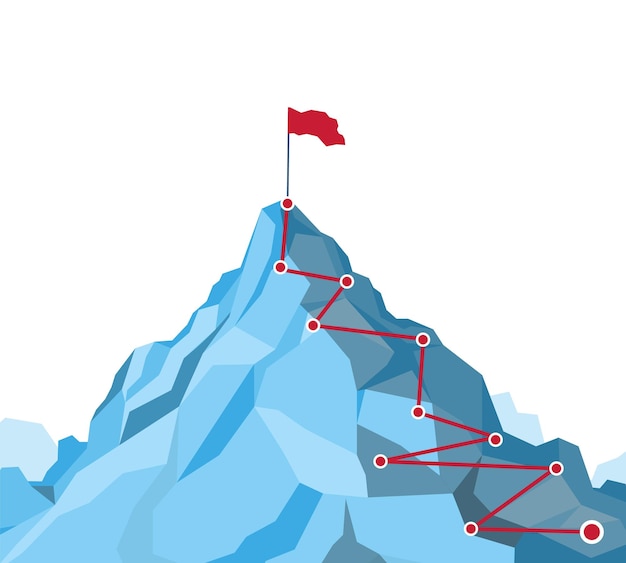 Conceito de crescimento de carreira infográfico de rota de montanha sucesso comercial trekking ou caminhadas na estrada de atividades ao ar livre para a vitória do objetivo e ilustração vetorial plana de conceito vencedor