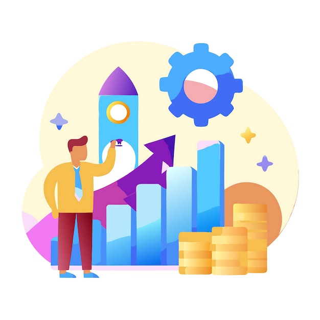 Conceito de crescimento financeiro e sucesso com gráfico de foguete e barra