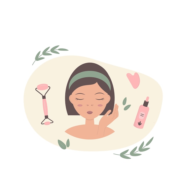 Conceito de cuidados com a pele Jovem mulher fazendo massagem facial com rolo de pele gua sha e soro