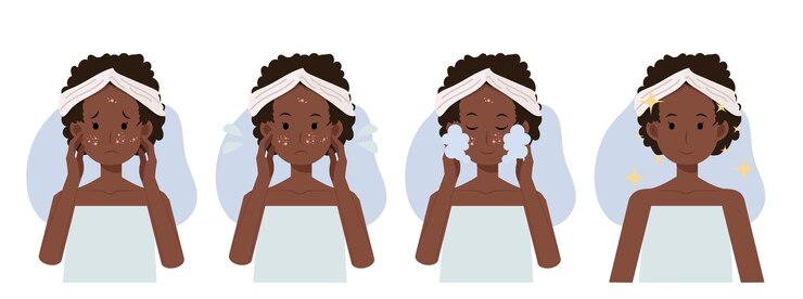 Vetor conceito de cuidados com a pele tratamento facial com espuma de limpeza antes e depois da mulher afro-americana ilustração dos desenhos animados