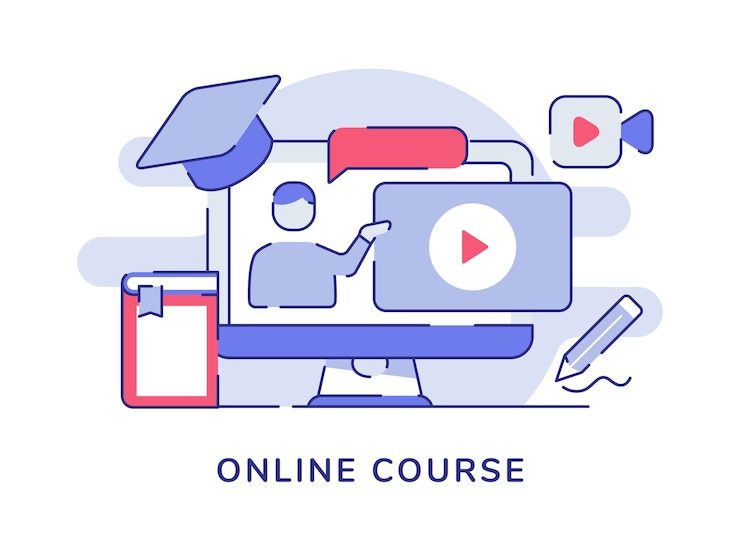 Vetor conceito de curso online com homens falando em vídeo tutorial com estilo plano