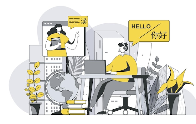 Conceito de cursos de idiomas com cena de pessoas de contorno homem estuda on-line com tutor e aprende