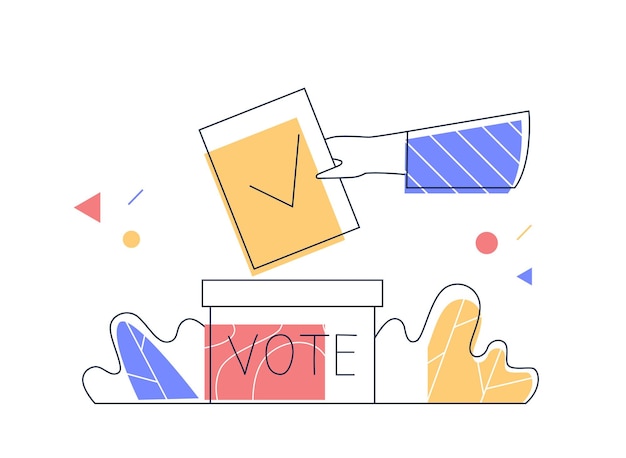 Vetor conceito de democracia de votação eleitoral mão do eleitor jogando papel com marca de seleção na urna