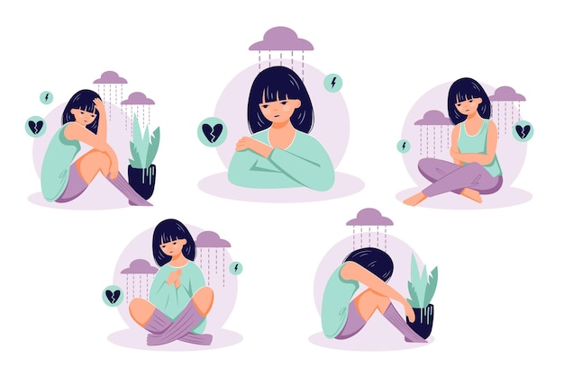 Conceito de depressão doença mental ilustração vetorial de caracteres planos femininos