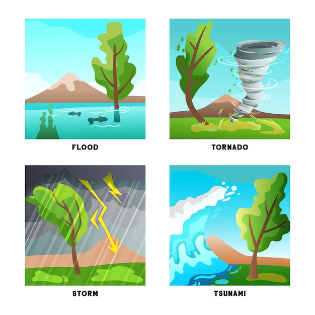 Conceito de desastres naturais 4 composições planas definidas com tornado de inundação de tempestade e ondas de tsunami isoladas