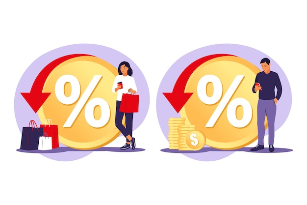 Conceito de descontos. Desconto e cartão de fidelidade. Cupons promocionais de redução de preço. Ofertas especiais de férias. Ilustração vetorial. Apartamento