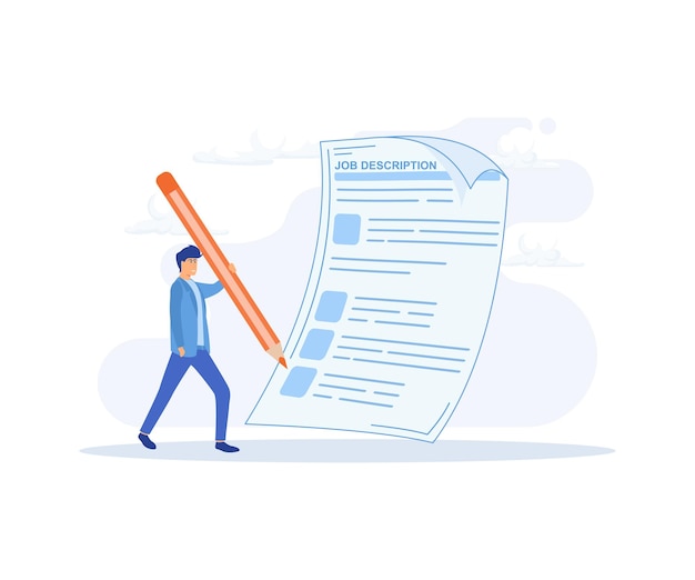 conceito de descrição do trabalho Funcionário da empresa escrevendo a descrição do trabalho em forma de ilustração moderna vetorial plana